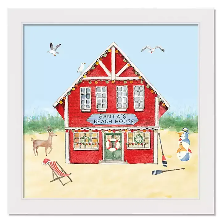 Santa's Beach House White Framed Canvas Art Print