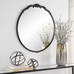 Satin Black Ornate Round Wall Mirror