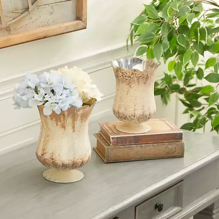 Scalloped Rustic Brown Glass Cup Vases, Set of 2