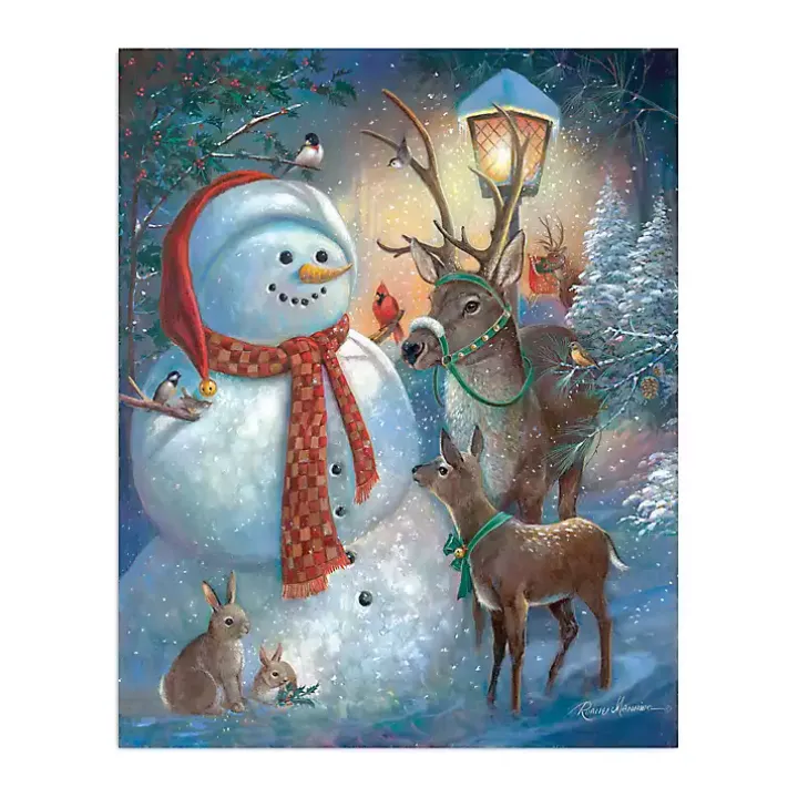 Scarf Snowman with Reindeer Canvas Art Print