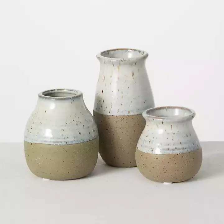 Short Terracotta Two-Tone Speckled Vases, Set of 3