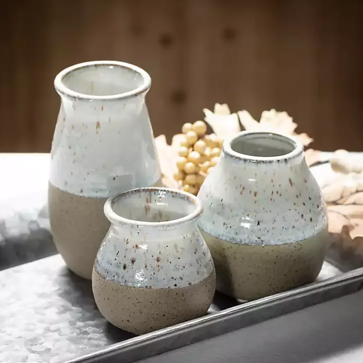 Short Terracotta Two-Tone Speckled Vases, Set of 3