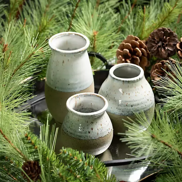 Short Terracotta Two-Tone Speckled Vases, Set of 3