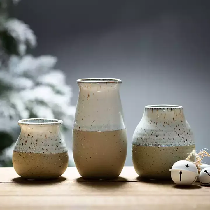 Short Terracotta Two-Tone Speckled Vases, Set of 3