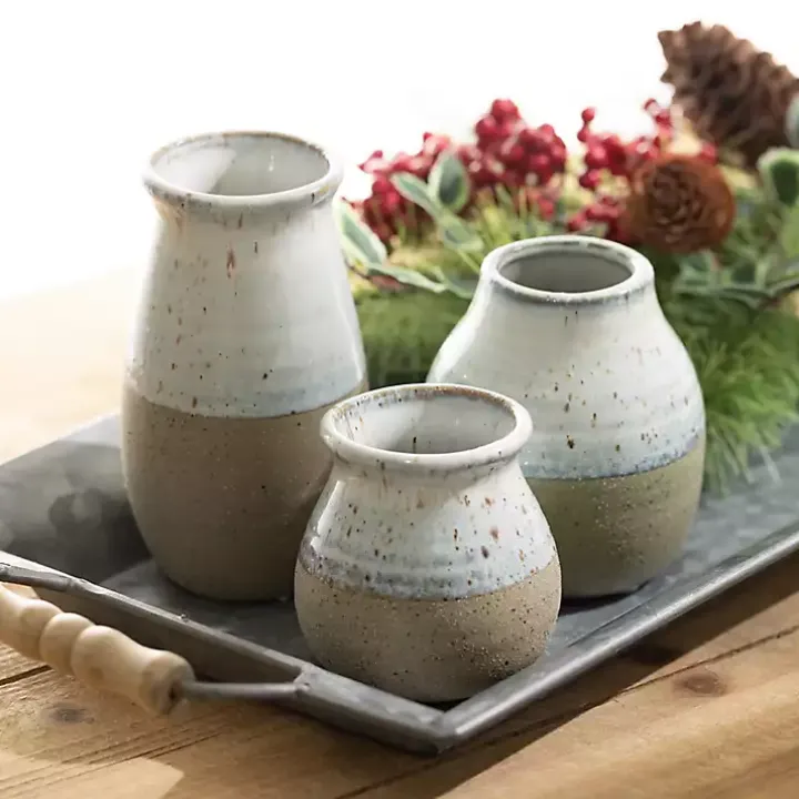 Short Terracotta Two-Tone Speckled Vases, Set of 3