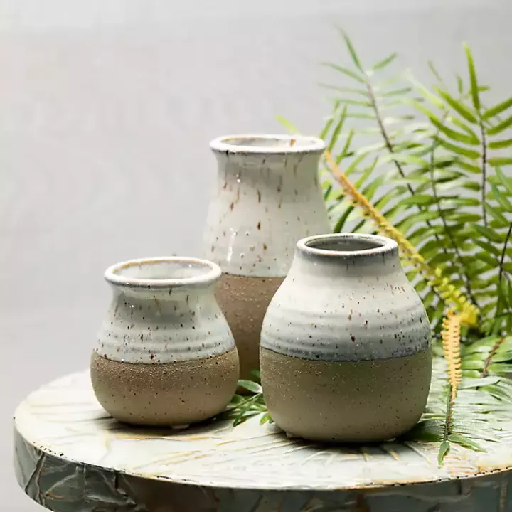 Short Terracotta Two-Tone Speckled Vases, Set of 3