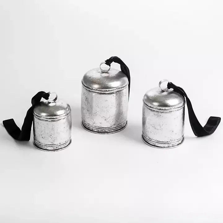 Silver Bells with Black Velvet Ribbons, Set of 3