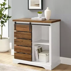 Slatted Sliding Barn Door White and Oak Cabinet