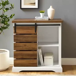 Slatted Sliding Barn Door White and Oak Cabinet