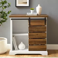 Slatted Sliding Barn Door White and Oak Cabinet