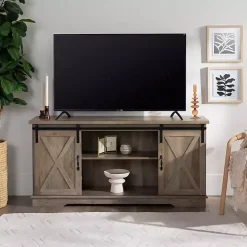 Sliding Barn Door Open Shelf Gray Wash TV Stand