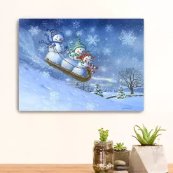 Snowman Sledding Canvas Christmas Art Print