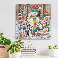 Snowman with Kittens Canvas Christmas Art Print