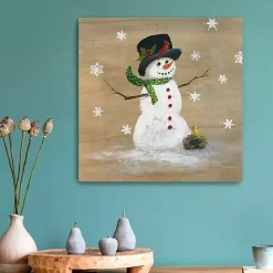 Snowman Yellow Bird Canvas Christmas Art Print