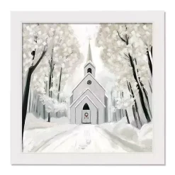 Snowy Church White Framed Canvas Art Print