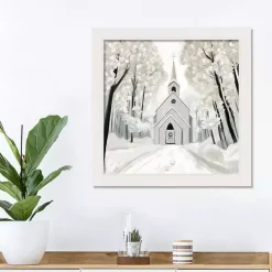 Snowy Church White Framed Canvas Art Print