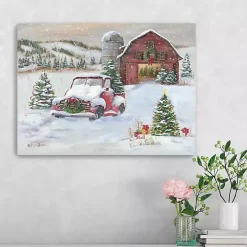 Snowy Farm with Truck Christmas Canvas Art Print