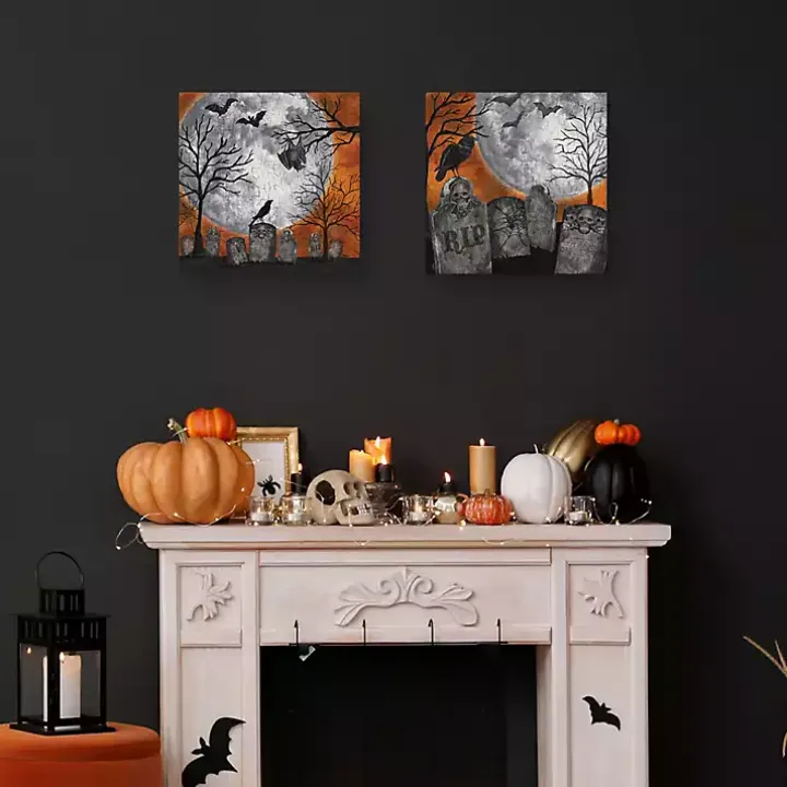 Spooky Graveyard Canvas Art Prints, Set of 2