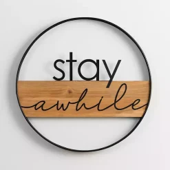 Stay Awhile Metal and Wood Wall Plaque