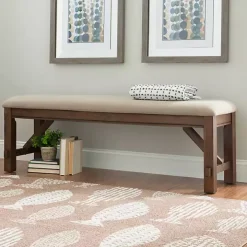 Tan Basketweave Upholstered Wood Bench