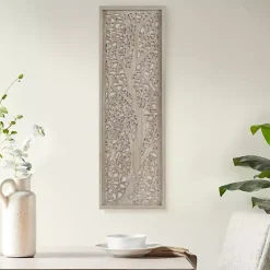 Tan Carved Wood Laurel Branches Panel Wall Plaque