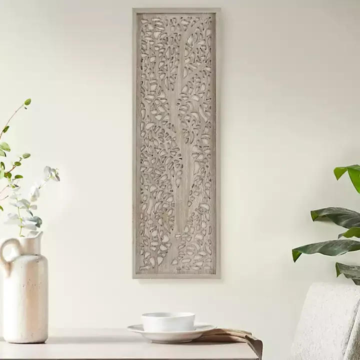 Tan Carved Wood Laurel Branches Panel Wall Plaque