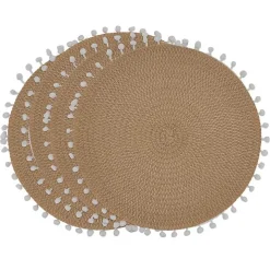 Tan Circular Pom Pom Placemats, Set of 4