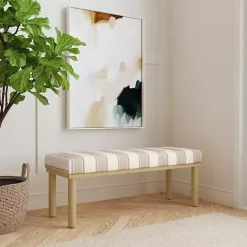 Tan Striped Upholstered Wood Leg Bench