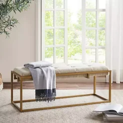 Tan Tufted Bronze Metal Bench