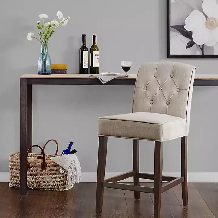 Tan Tufted Upholstered Wood Counter Stool