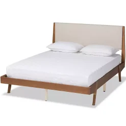 Tan Upholstered Brown Wood Full Platform Bed