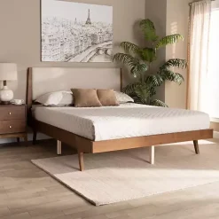 Tan Upholstered Brown Wood Queen Platform Bed