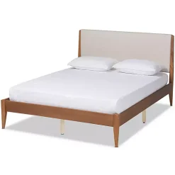 Tan Upholstered Brown Wood King Platform Bed