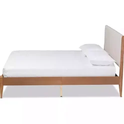 Tan Upholstered Brown Wood King Platform Bed
