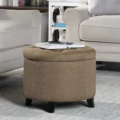 Tan Upholstered Eliza Round Storage Ottoman