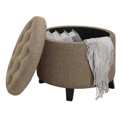 Tan Upholstered Eliza Round Storage Ottoman