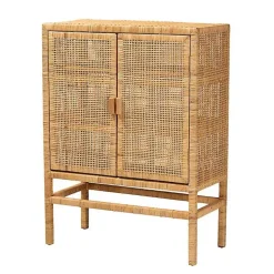 Tan Woven Rattan and Wood Cabinet