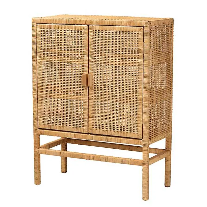 Tan Woven Rattan and Wood Cabinet