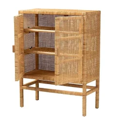 Tan Woven Rattan and Wood Cabinet