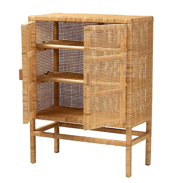 Tan Woven Rattan and Wood Cabinet