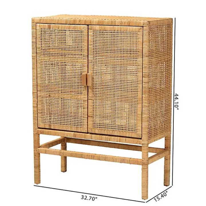 Tan Woven Rattan and Wood Cabinet