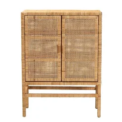Tan Woven Rattan and Wood Cabinet