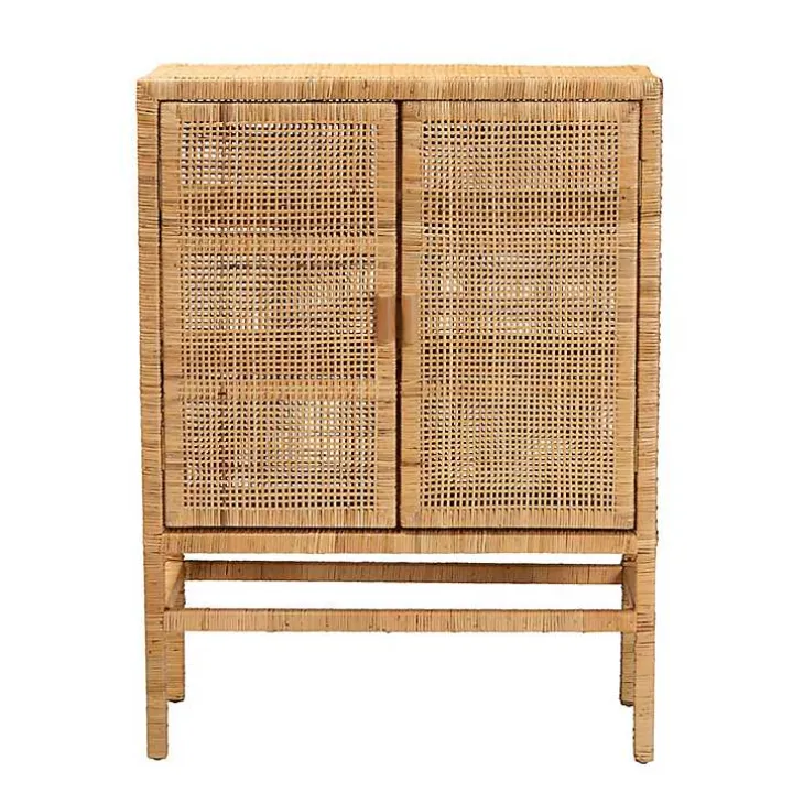 Tan Woven Rattan and Wood Cabinet