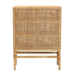 Tan Woven Rattan and Wood Cabinet
