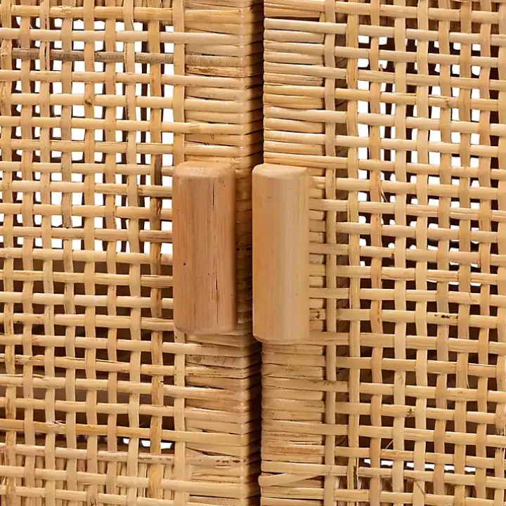 Tan Woven Rattan and Wood Cabinet