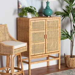 Tan Woven Rattan and Wood Cabinet