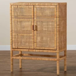Tan Woven Rattan and Wood Cabinet