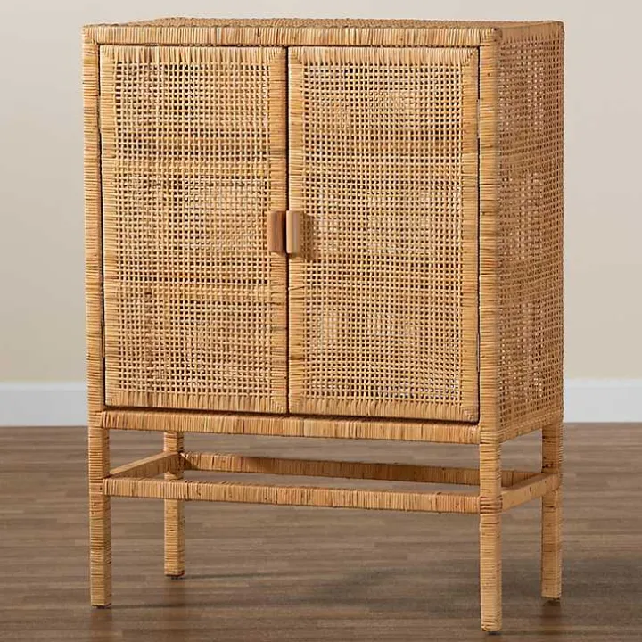 Tan Woven Rattan and Wood Cabinet