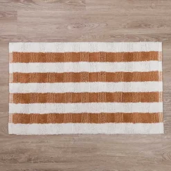 Taupe and White Striped Bathroom Rug