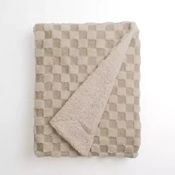 Taupe Faux Fur and Boucle Checkerboard Throw